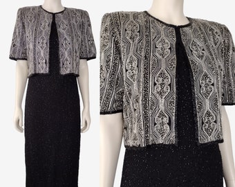 Vintage 1990s Black White Heavily Beaded Formal Maxi Dress With Attached Jacket Size L