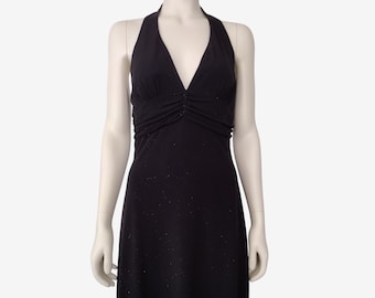 Vintage 1990s Black Glittering Jersey Knit Sleeveless Plunge Neck Halter Dress Size 6