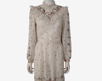 Vintage 1970s Floral Victorian Raised Neck Semi Sheer Prairie Dress