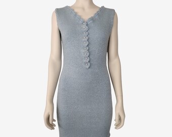Vintage 1950s / 1960s Light Blue Sleeveless V Neck Knit Sheath Dress Size S