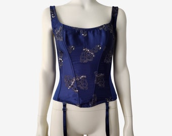 Vintage 1990s Fredericks of Hollywood Blue Satin Embroidered Lace Up Corset Size 34