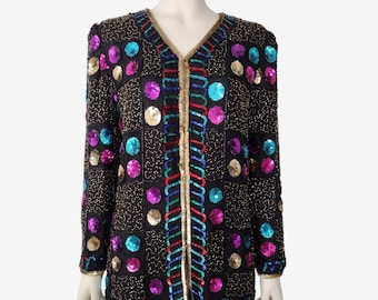 Vintage 1980s Black Silk Beaded Sequin Colorful V Neck Oversized Jacket Size S
