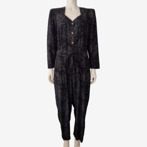 Vintage 1980s Black and Gold Boxy Shoulder Long Sleeved Floral Print Jumpsuit Size 10