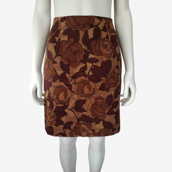 Vintage 1990s Brown Monochrome Rose Print Pencil Skirt Size S