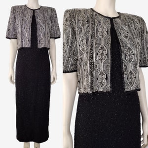 Vintage 1990s Black White Heavily Beaded Formal Maxi Dress With Attached Jacket Size L