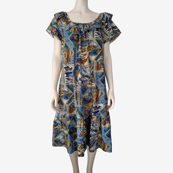 Vintage 1990s Hilo Hattie Blue Beach Print Ruffled Midi Mumu Dress Size L