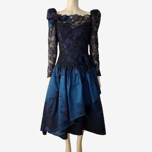 Vintage 1980s Black and Black Taffeta and Lace Drop Waist Fit and Flare Dress