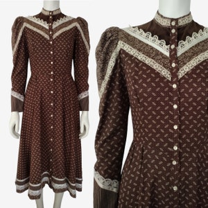 Vintage 1970s Gunne Sax Brown Calico Puff Shoulder Button Down Prairie Dress