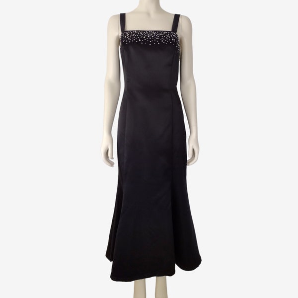 Vintage 1990s Davids Bridal Black Beaded Trumpet Maxi Gown Prom Dress Size 14