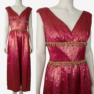 Vintage 1960s Couture Iridescent Red Floral Jacquard Beaded Maxi Dress