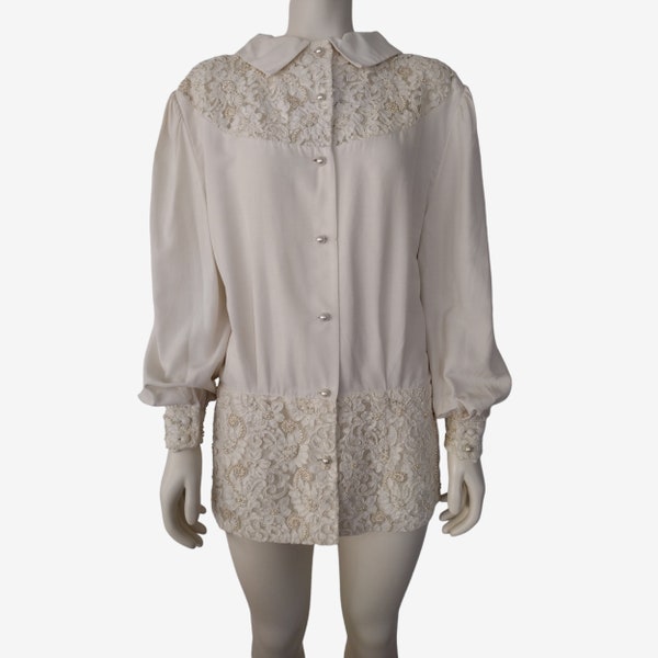 Vintage 1980s Ivory Reversable Lace Pearl Beaded Collared Button Down Blouse