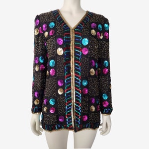 Vintage 1980s Black Silk Beaded Sequin Colorful V Neck Oversized Jacket Size S