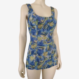 Vintage 1950s Blue Abstract Lightly Padded Cone Cup One Piece Swimsuit Size M