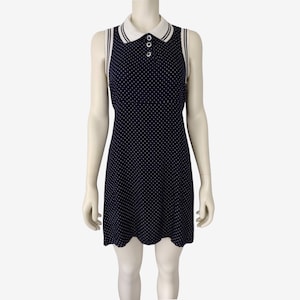 Vintage 1990s Navy Blue Swiss Dot Collared Sleeveless Empire Waist Mini Dress