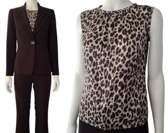 Vintage TAHARI Brown 3 Piece Pants Suit Set With Satin Leopard Blouse Size 2P