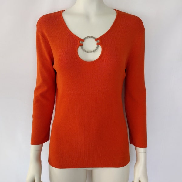 Vintage Y2K Orange Stretchy Knit 3/4 Sleeve O Ring Cutout Blouse