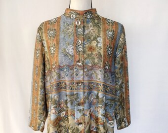 1970s Vintage Haband For Her Floral Raised Collar Pullover Polyester Blouse