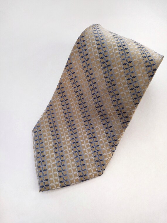 Vintage Tan Metallic Geometric Striped Silk Neck … - image 1