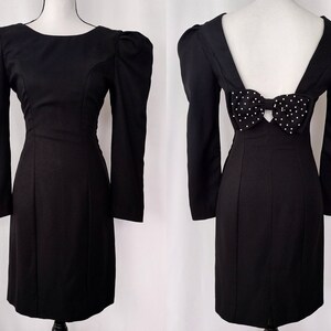 Vintage 1980s Black Puff Shoulder Open Back Sheath Dress
