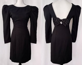 Vintage 1980s Black Puff Shoulder Open Back Sheath Dress