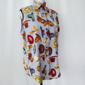 Vintage 1980s Homemade Sleeveless Cowboy Hat Novelty Print Shirt image 2