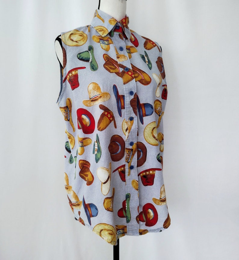 Vintage 1980s Homemade Sleeveless Cowboy Hat Novelty Print Shirt image 2