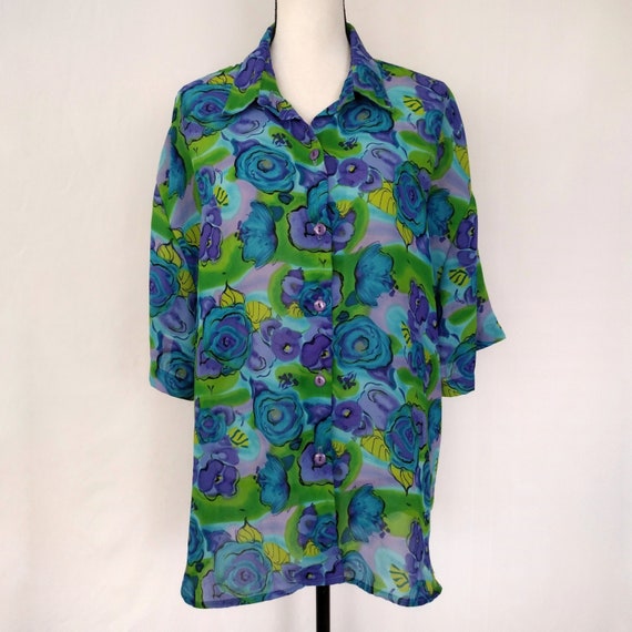 1980s Vintage Cabrais Colorful Semi Sheer Button … - image 1