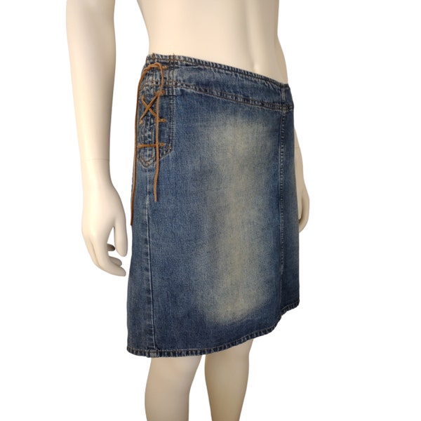 Vintage Y2K Blue Distressed Denim Cotton Faux Lace Up Sides Pencil Skirt Size 14