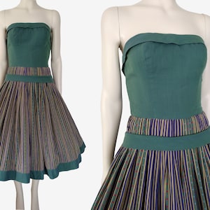 Vintage 1950s Strapless Green Striped Drop Waist Fit and Flare Midi Dress Size XXS