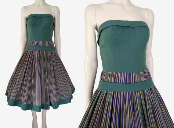 Vintage 1950s Strapless Green Striped Drop Waist Fit and Flare Midi Dress Size XXS - Etsy Vintage 1950s Strapless Green Striped Drop Waist Fit and Flare Midi Dress Size XXS - Etsy