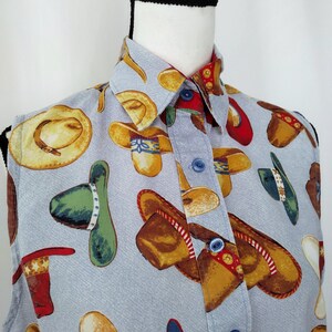 Vintage 1980s Homemade Sleeveless Cowboy Hat Novelty Print Shirt image 6