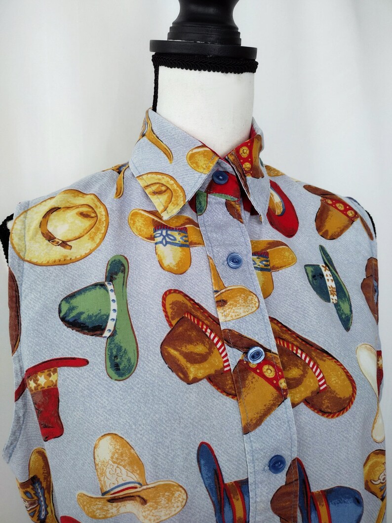 Vintage 1980s Homemade Sleeveless Cowboy Hat Novelty Print Shirt image 6