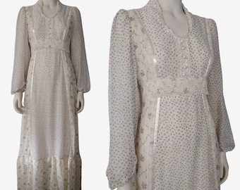 Vintage 1970s Gunne Style White Bishop Sleeve Floral Calico Print Maxi Dress