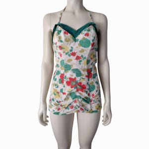 Vintage 1950s Kerrybrooke White Floral Cotton Halter Sweetheart Neck Boned Swimsuit Romper Size S/M