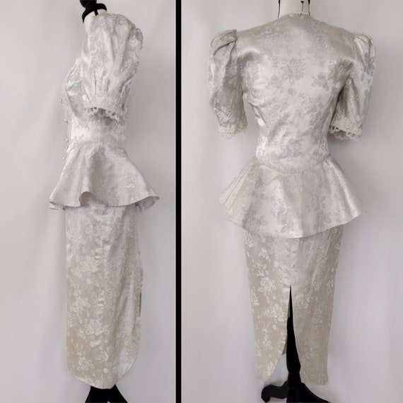 Jessica McClintock Vintage 80s Silver Brocade Pep… - image 3