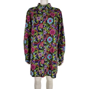 Vintage 1960s Colorful Groovy Floral Relaxed Fit Shirt Dress Multi Size