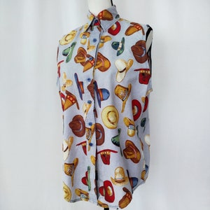 Vintage 1980s Homemade Sleeveless Cowboy Hat Novelty Print Shirt image 3