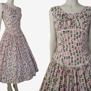 Vintage 1950s Teena Paige Colorful Piano Novelty Print Drop Waist Cotton Fit and Flare Midi Dress Size 6