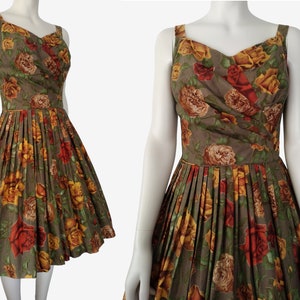 Vintage 1950s Alix Of Miami Pleated Floral Fit and Flare Cotton Dress Size S - Waist 27