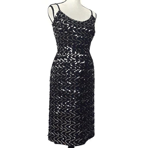 1960s Vintage St Martin Black Sequined Sheath Mid… - image 2