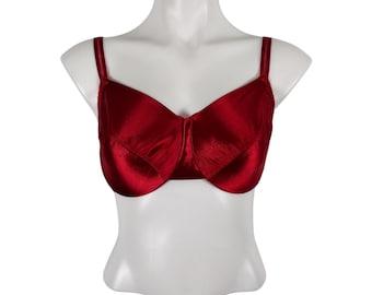 Vintage 1990s Silky Red Satin Nylon Full Coverage Unlined Underwire Bra 38D