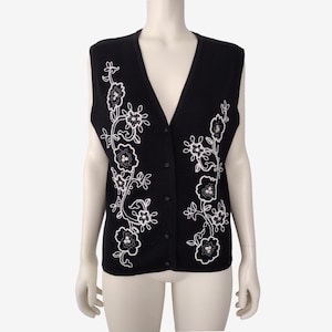 Vintage 1990s Black White Floral Beaded Button Down Knit Sweater Vest Size LP