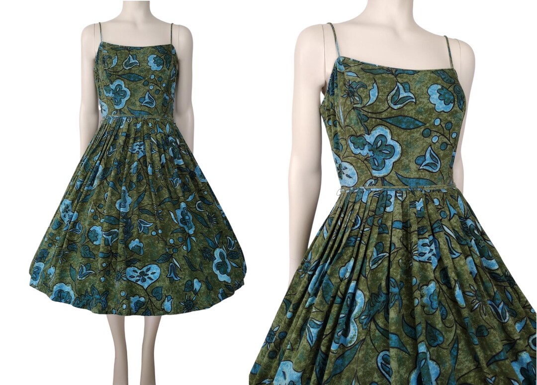 1950s Black Blue Floral Print Sun Dress by Leisure Lady | XS/S
