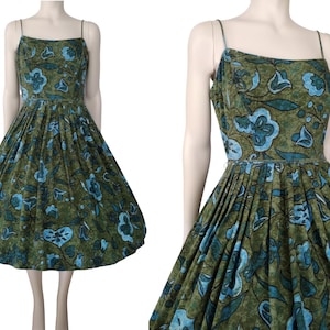 Vintage 1950s Green Blue Floral Print Sleeveless Fit and Flare Cotton Midi Sun Dress Size XS