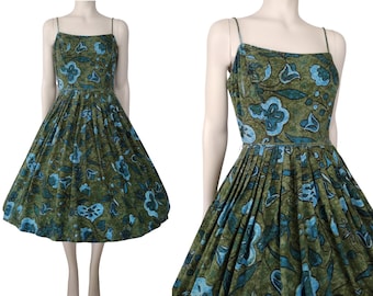 Vintage 1950s Green Blue Floral Print Sleeveless Fit and Flare Cotton Midi Sun Dress Size XS
