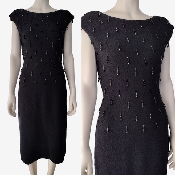 kim kardashian black dress off shoulder Vintage 50's Kimberly Knit Black Bouclé Sheath Sweater Dress M – Bombshell  Bettys Vintage main image 0