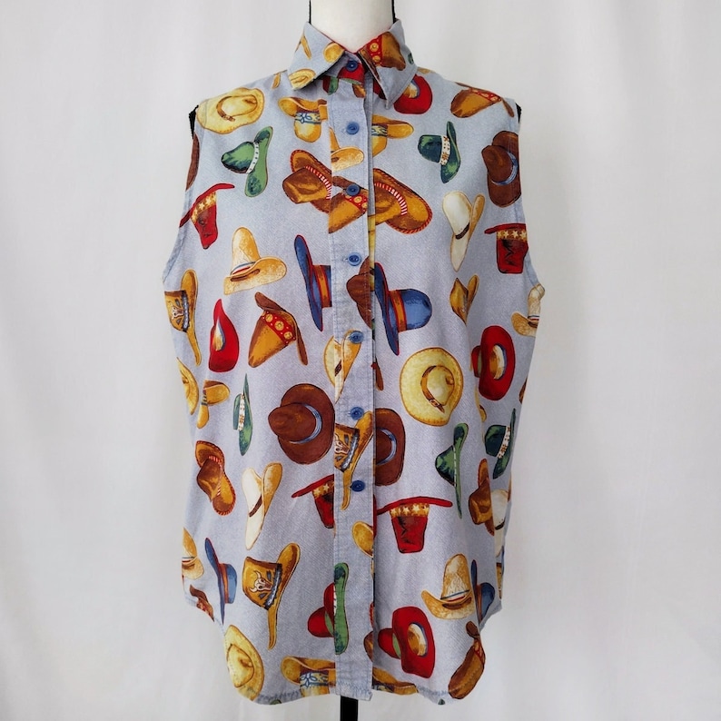 Vintage 1980s Homemade Sleeveless Cowboy Hat Novelty Print Shirt image 1