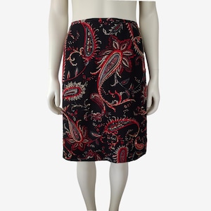 Vintage 2000s Black and Red Silk Paisley Print Beaded Pencil Skirt Size 12
