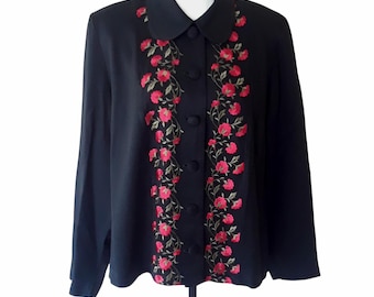 Vintage 1980s Black and Red Floral Embroidered Light Button Down Jacket Size XL