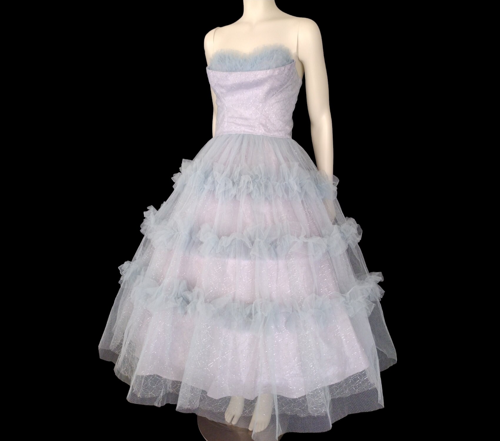 Vintage 1950s Strapless Purple Blue Metallic Ruffled Fit and Flare ...